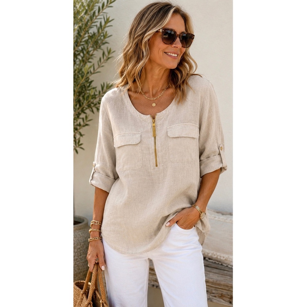 Ellen Tracy 100% Linen Beige‎ Tunic Gold Zip Roll Tab Top Large Coastal